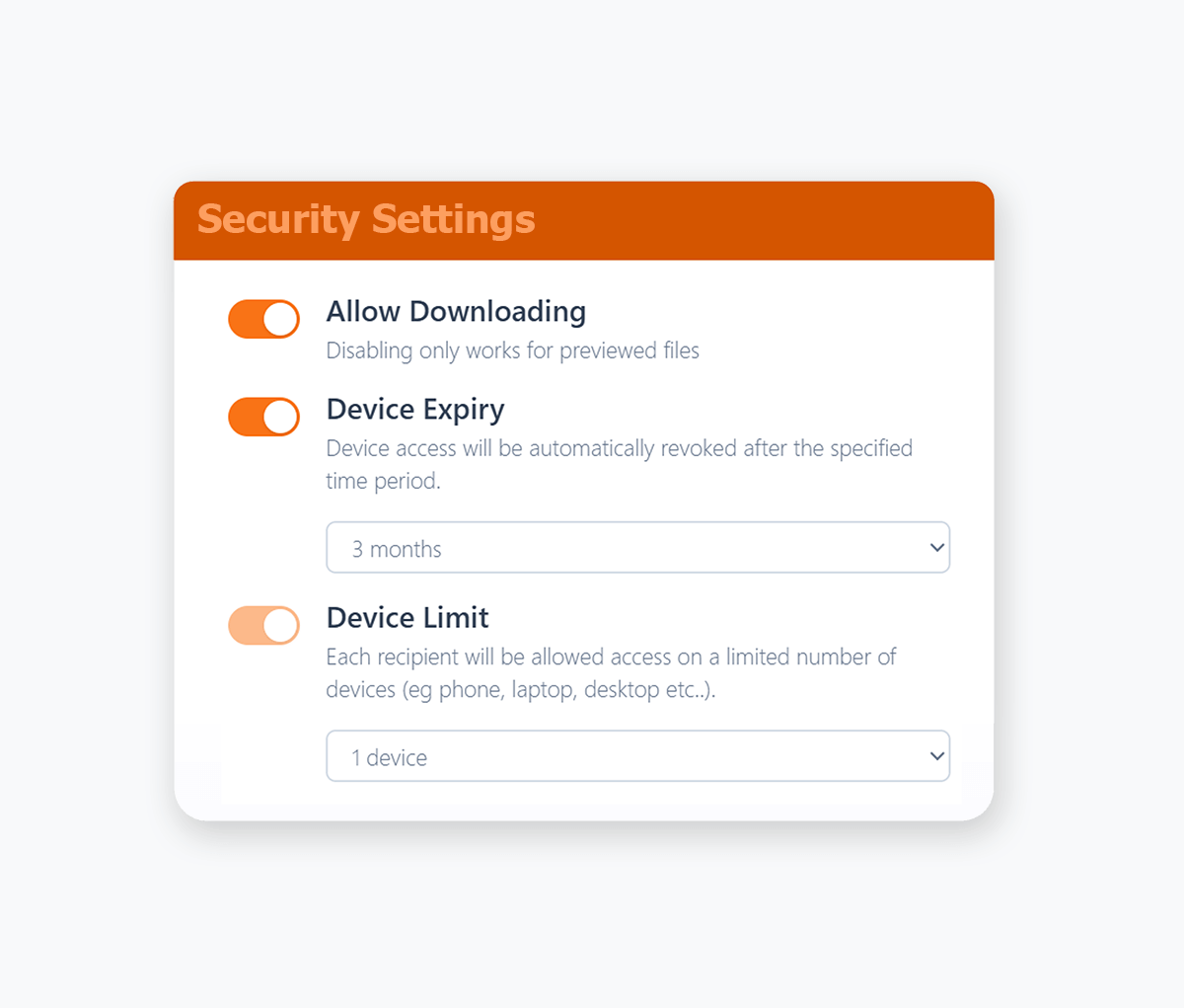 Orangedox App - Security settings for secure sharing
